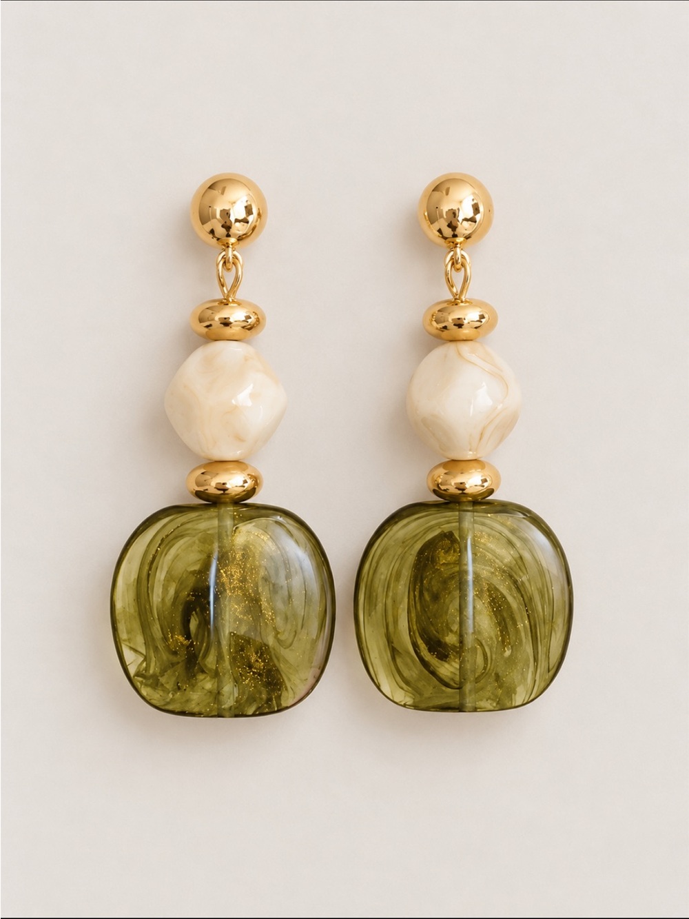New! Olive Green Beaded Gold Drop Earrings NWOT